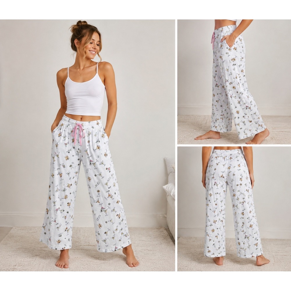 Life is Good Sleep Womens Large Pajama Pants Cocktail Drink Print coton wide leg